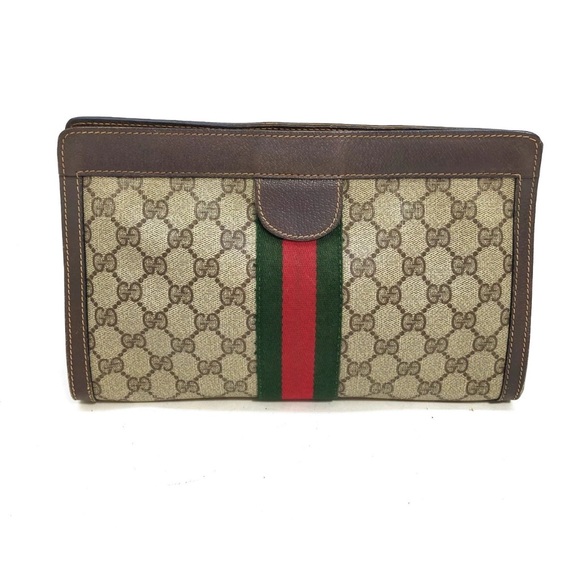Gucci Clutch Monogramand Brown with Red and Green Stripe Authentic Vintage